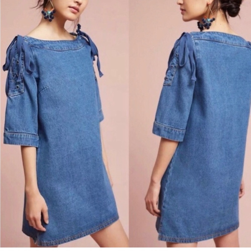 Maeve Anthropologie Blue Denim Boat Neck Denim Shift Dress Size Petite Small EUC